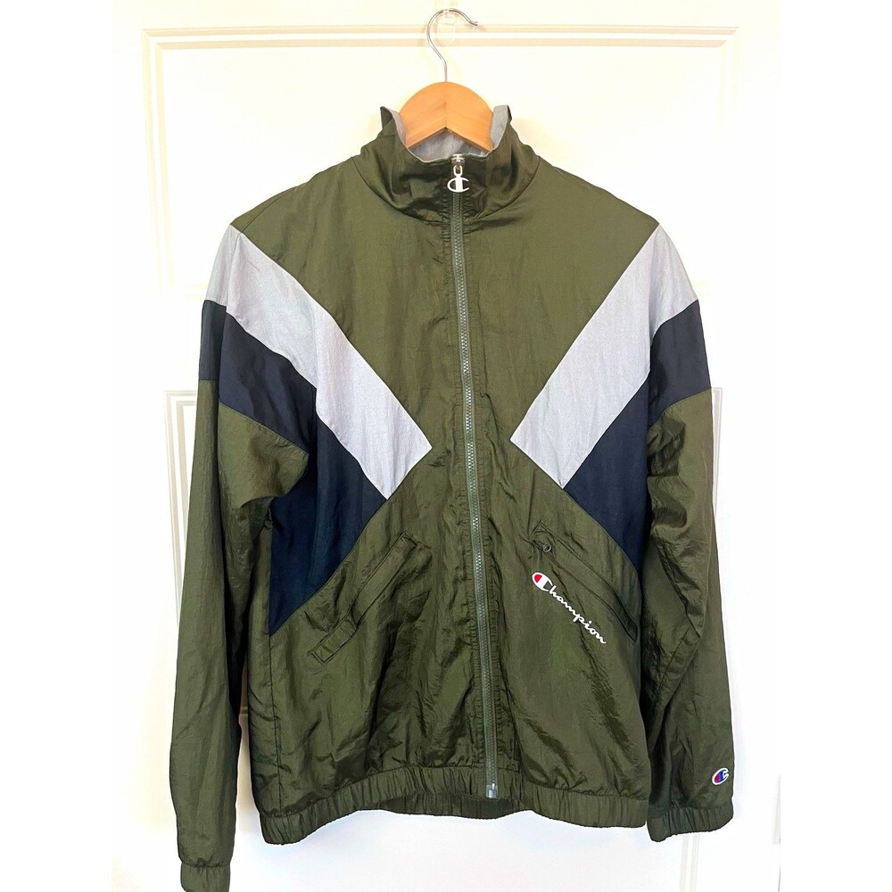 Champion Men's Life Nylon Warm Up Windbreaker Jacket Full Zip Colorblock Green M